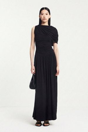 Mila Asymmetrical Caped Shoulder Maxi Dress in Black