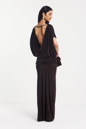 Ramona Blouson Maxi Dress With Full Hem in Bitter Chocolate