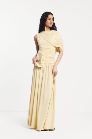 Mila Asymmetrical Caped Shoulder Maxi Dress in Butter Milk