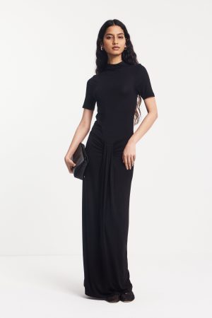 Nell Sarong Skirt Funnel Neck Dress in Black