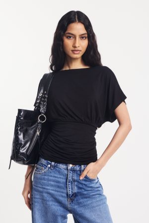 Amelie Slash Neck Gathered Side Top Black