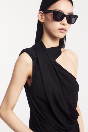 Zora Drape High Neck Top in Black