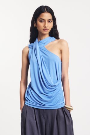 Zora Drape High Neck Top in Cornflower